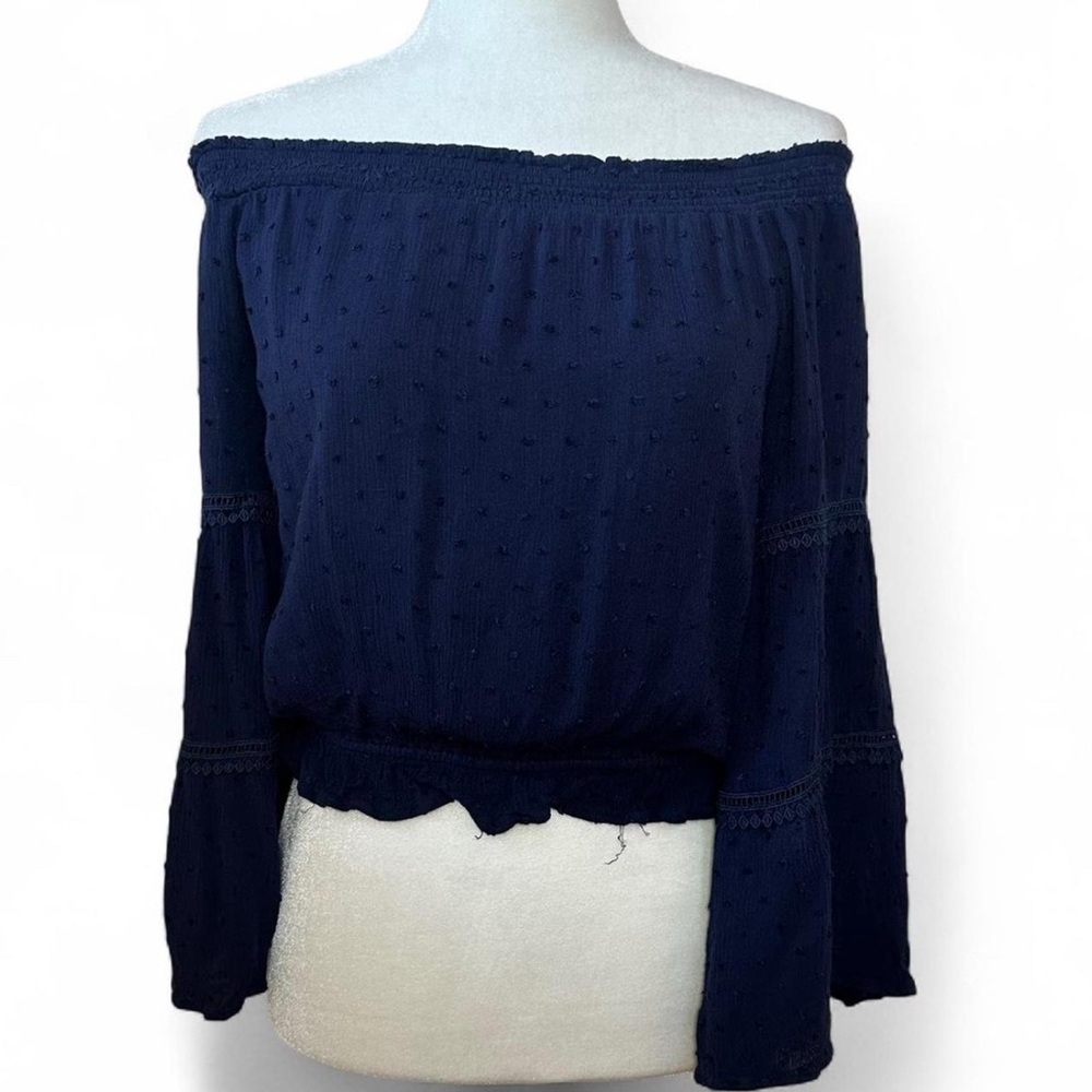💚 Lulus Navy Blue Off the Shoulder Boho Polka Dot Bell Sleeve Crop Top (S)